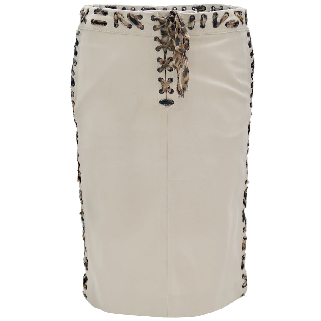 TOM FORD for YSL SS02 Cotton Laced Safari Skirt with Leopard trim (Beige) FR36